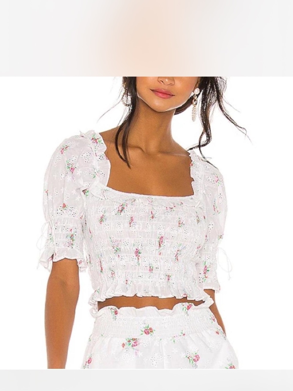 For Love & Lemons White Eyelet Smocked Floral Crop Top